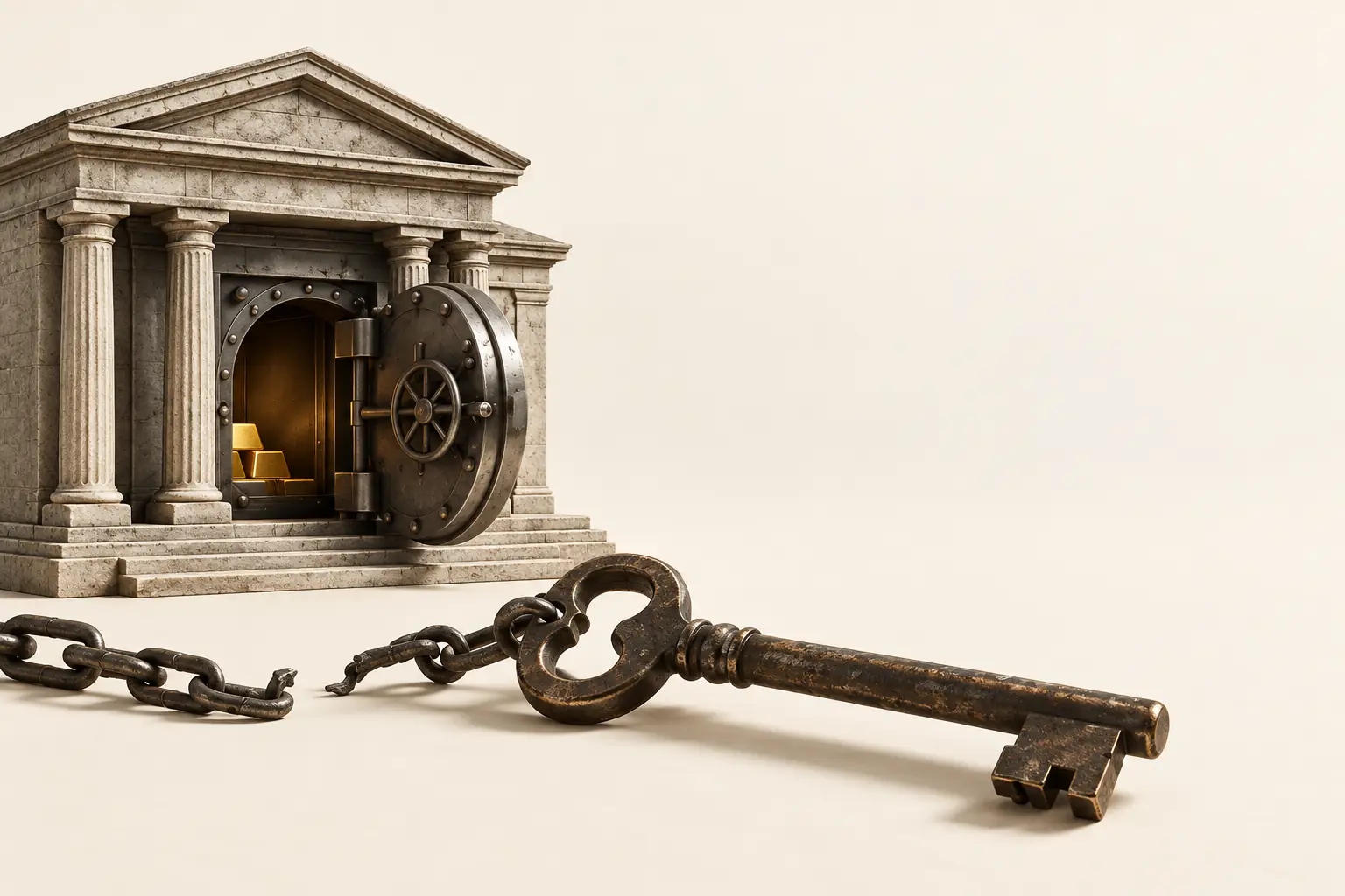 Una llave liberada de una cadena ante la caja fuerte de un banco.