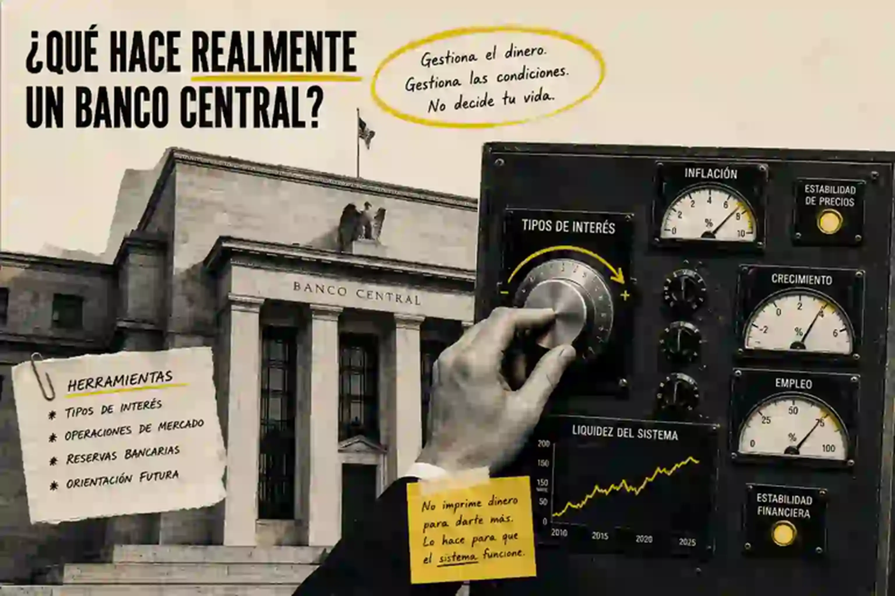 Collage editorial en blanco y negro con un edificio de banco central, una mano ajustando tipos, reservas y compras de activos, y una trayectoria amarilla que conecta esas decisiones con crédito, gasto y precios.