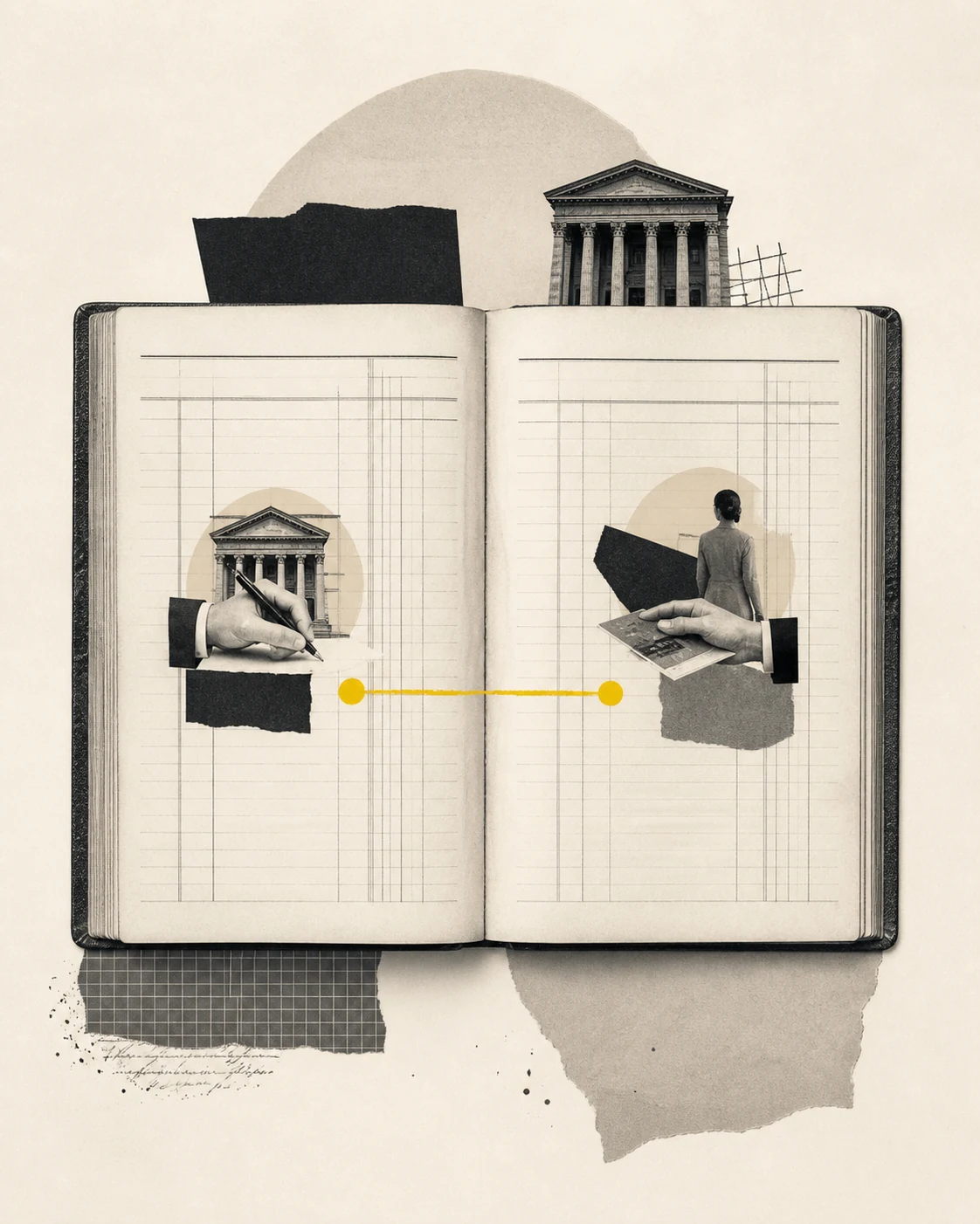 Libro contable bancario con dos entradas simultáneas que representan un préstamo y un depósito.