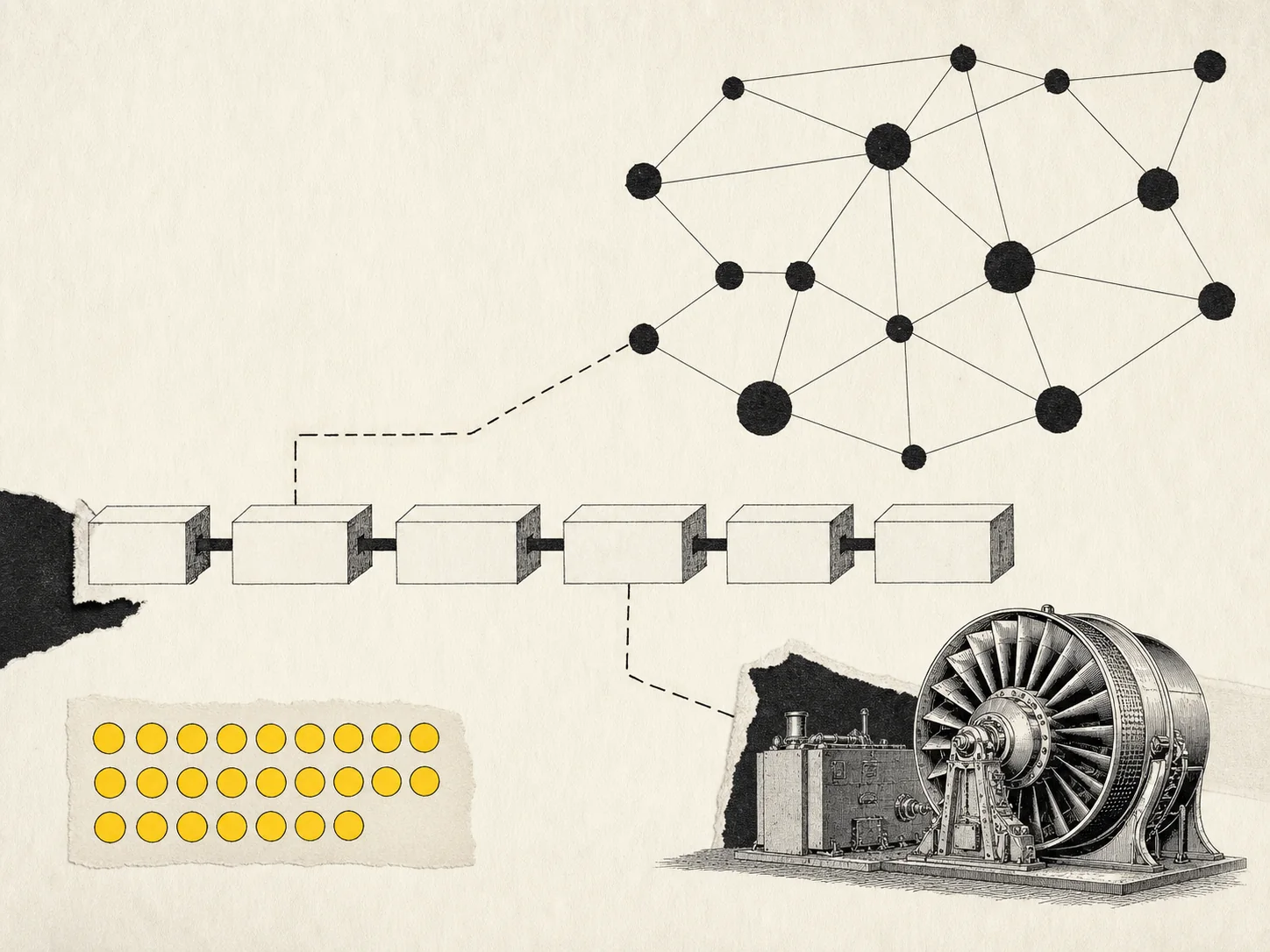 Collage de bloques conectados, nodos y energía que representa la emisión verificable de bitcoin.