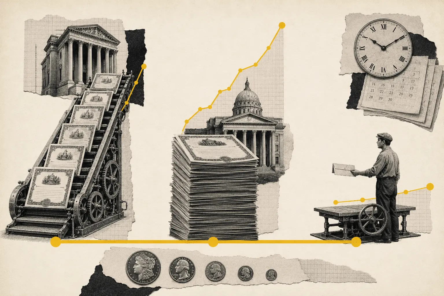 Collage editorial donde los activos bursátiles y la deuda pública ascienden con rapidez mientras el salario de un trabajador avanza mucho más lentamente.