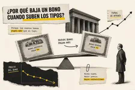 Collage editorial en papel: un bono antiguo y un bono nuevo compiten en una balanza mientras suben los tipos y baja el precio del bono antiguo.