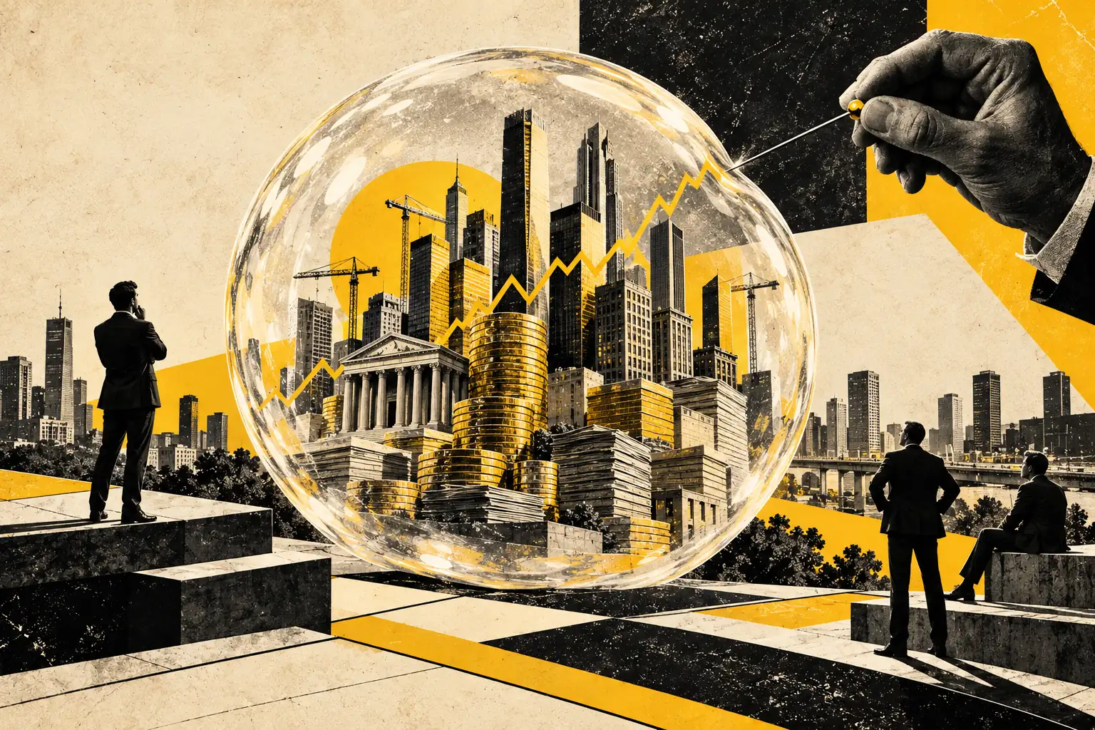 Collage editorial en amarillo, negro y papel envejecido: una ciudad y monedas dentro de una gran burbuja bursátil frente a un alfiler.