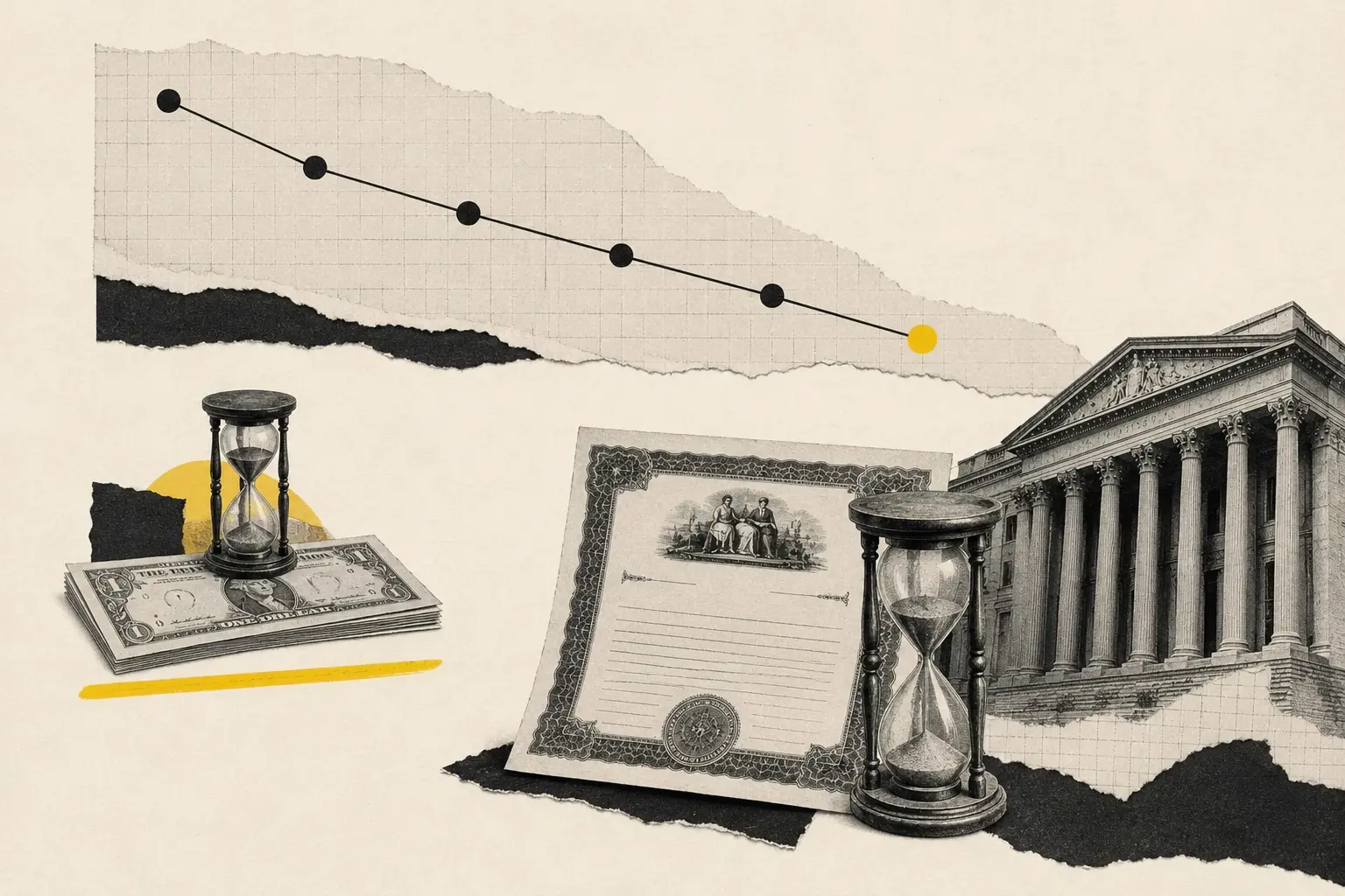 Collage editorial con una curva de tipos descendente, bonos del Tesoro a distintos plazos y Wall Street al fondo.