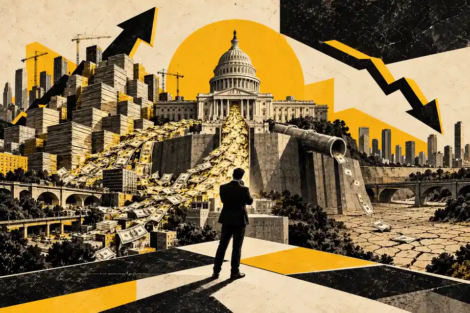 Collage editorial vintage en negro y amarillo: el Capitolio estadounidense, montañas de dólares, un torrente de billetes y dos trayectorias opuestas de la deuda.