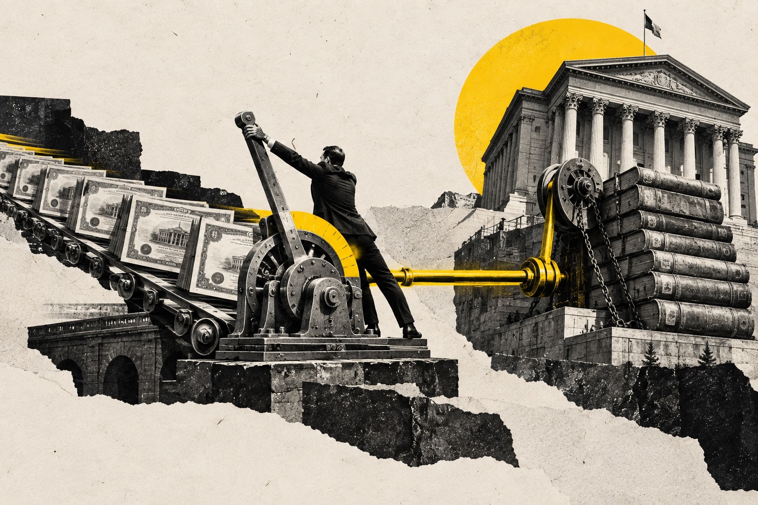Collage editorial de una palanca de freno conectada a bonos y a una pila creciente de deuda frente a un edificio público
