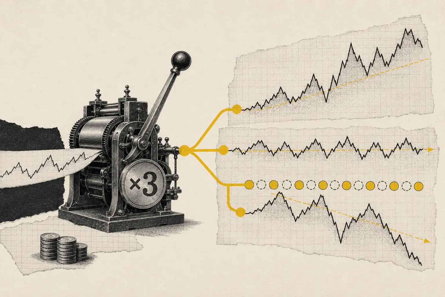 Collage editorial de una máquina financiera x3 que amplifica distintas trayectorias de mercado y muestra cómo la volatilidad puede erosionar el resultado acumulado.