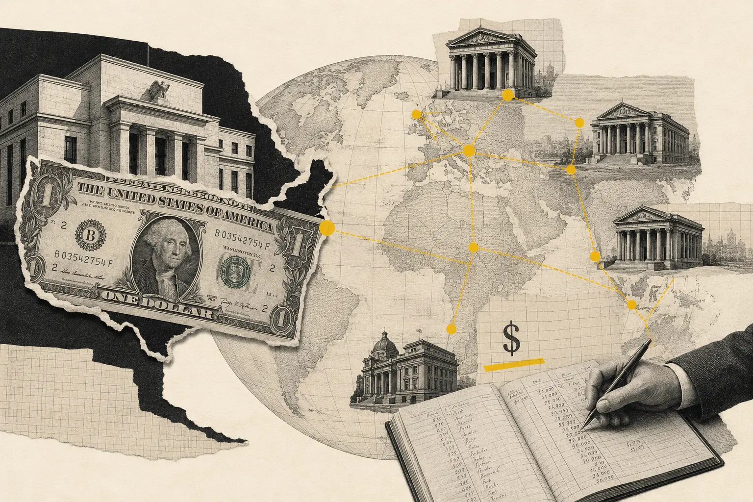 Collage editorial de un dólar estadounidense conectado a una red mundial de bancos y libros contables fuera de Estados Unidos.