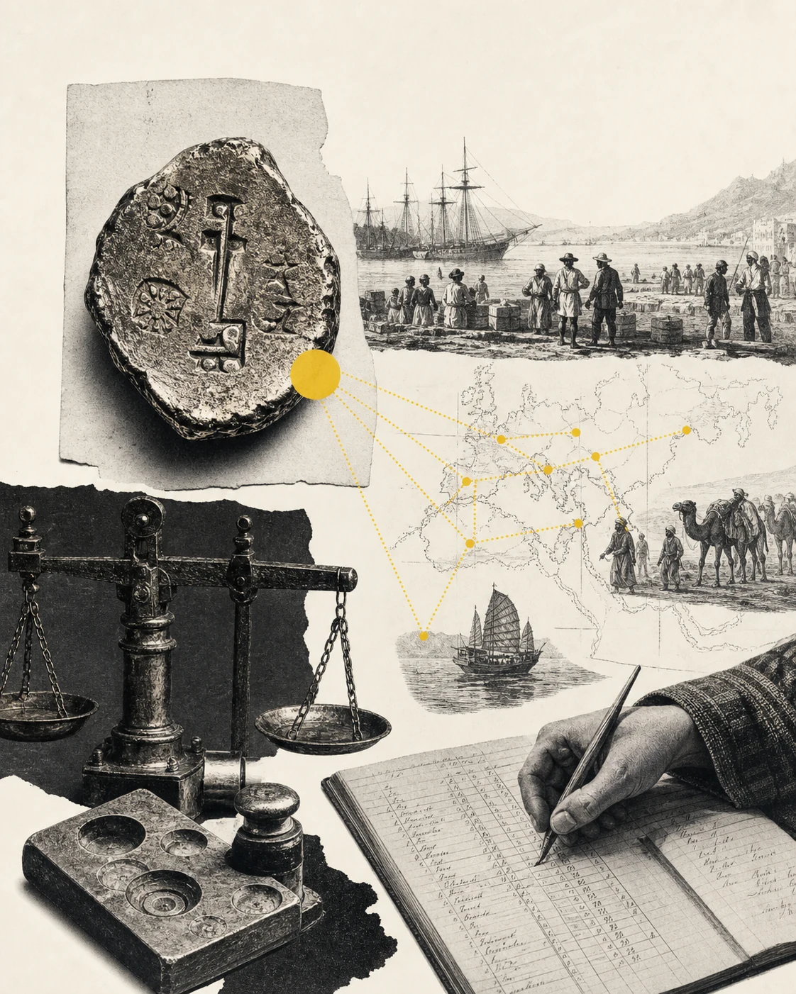 Collage histórico de oro, balanza y documentos de comercio que contextualiza su uso monetario.