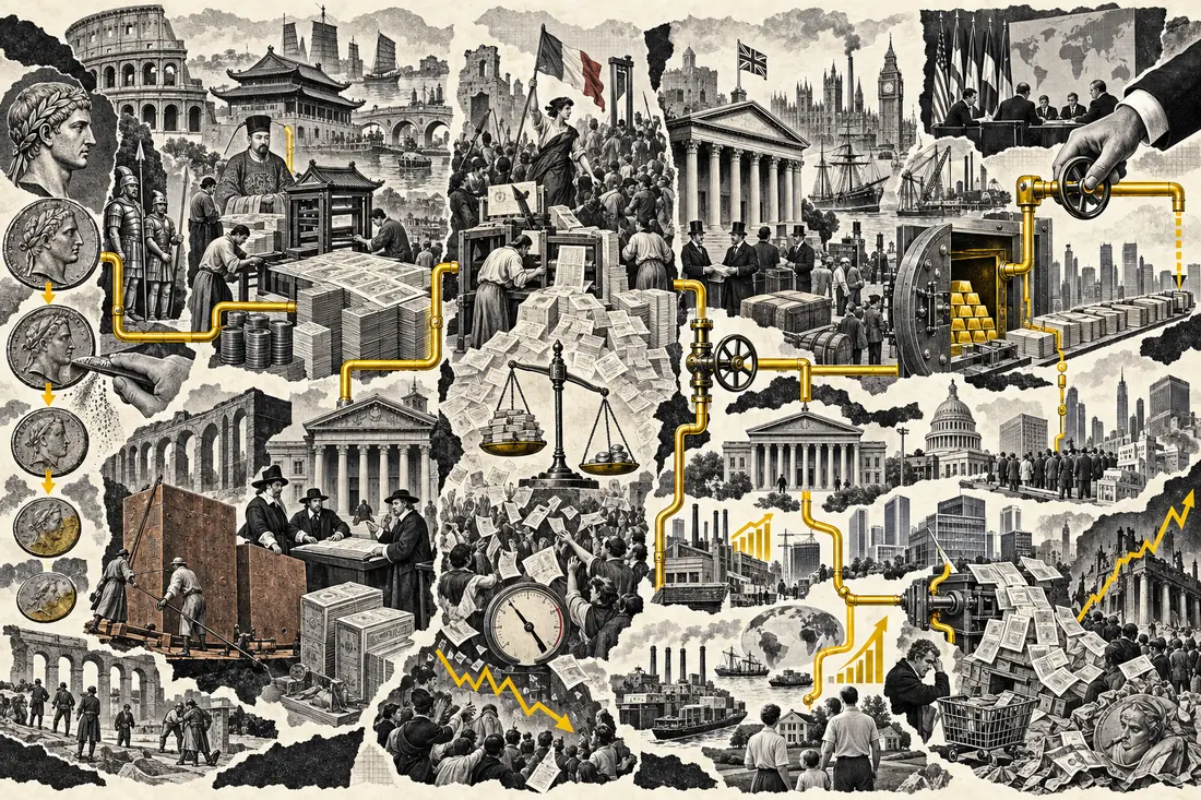 Historia del dinero desde la degradación del denario romano y el papel moneda chino hasta el fin de la convertibilidad en oro y el sistema fiat moderno