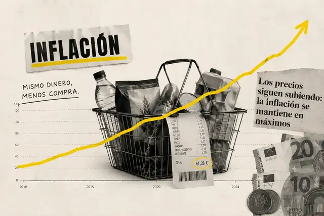 Collage editorial en blanco y negro con una cesta de supermercado, un recibo y billetes de euro atravesados por una línea amarilla ascendente, para mostrar que el mismo dinero compra menos cuando suben los precios.
