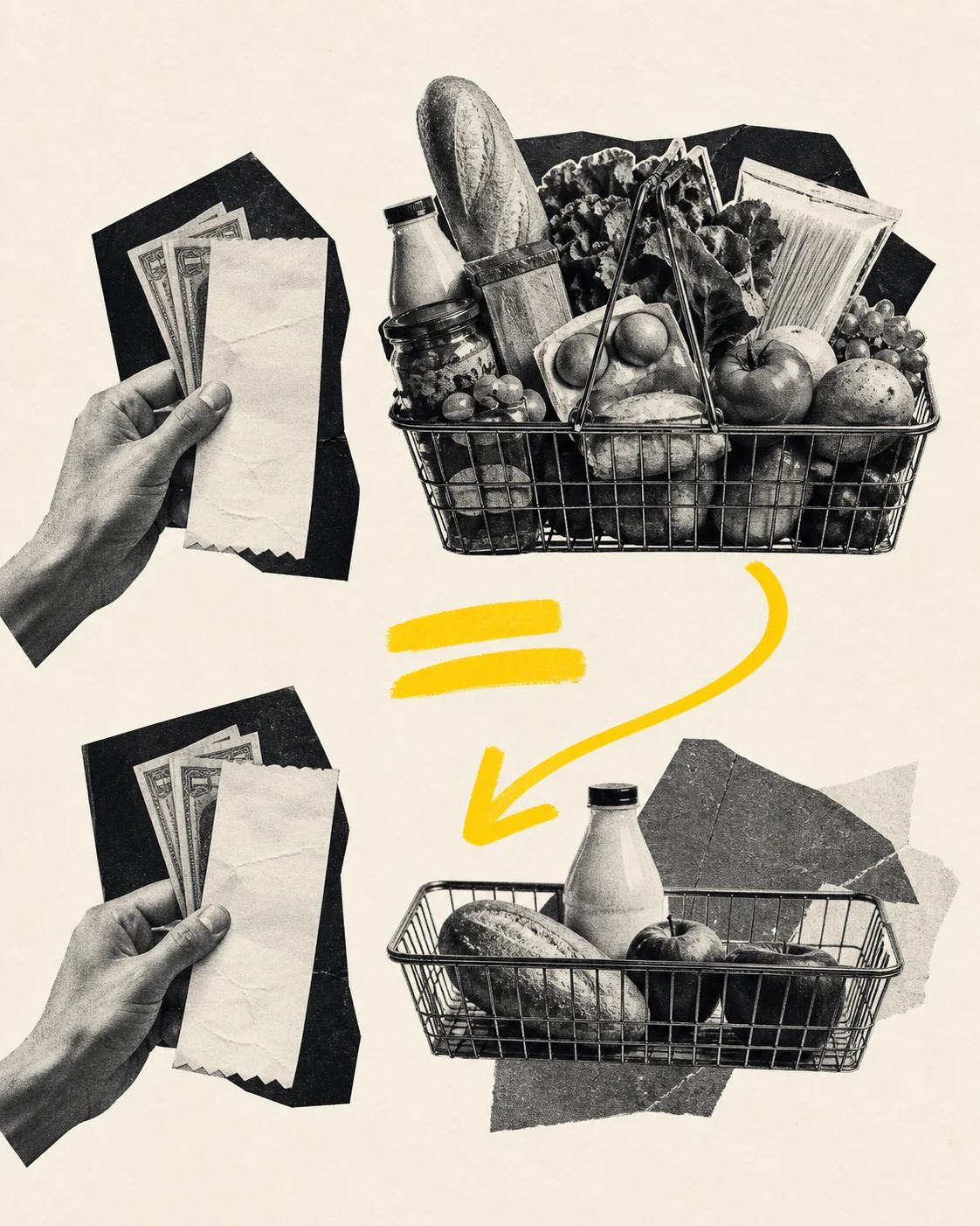 Collage de dos cestas de compra que muestra cómo la misma cantidad de dinero adquiere menos bienes.