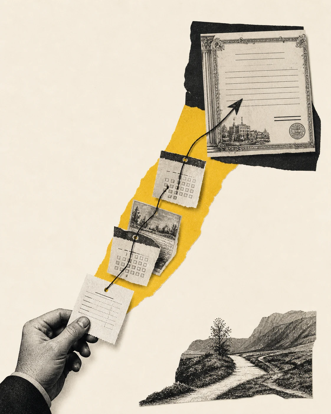 Collage que representa el precio de mover capacidad de compra del presente al futuro mediante un calendario y una promesa de pago.