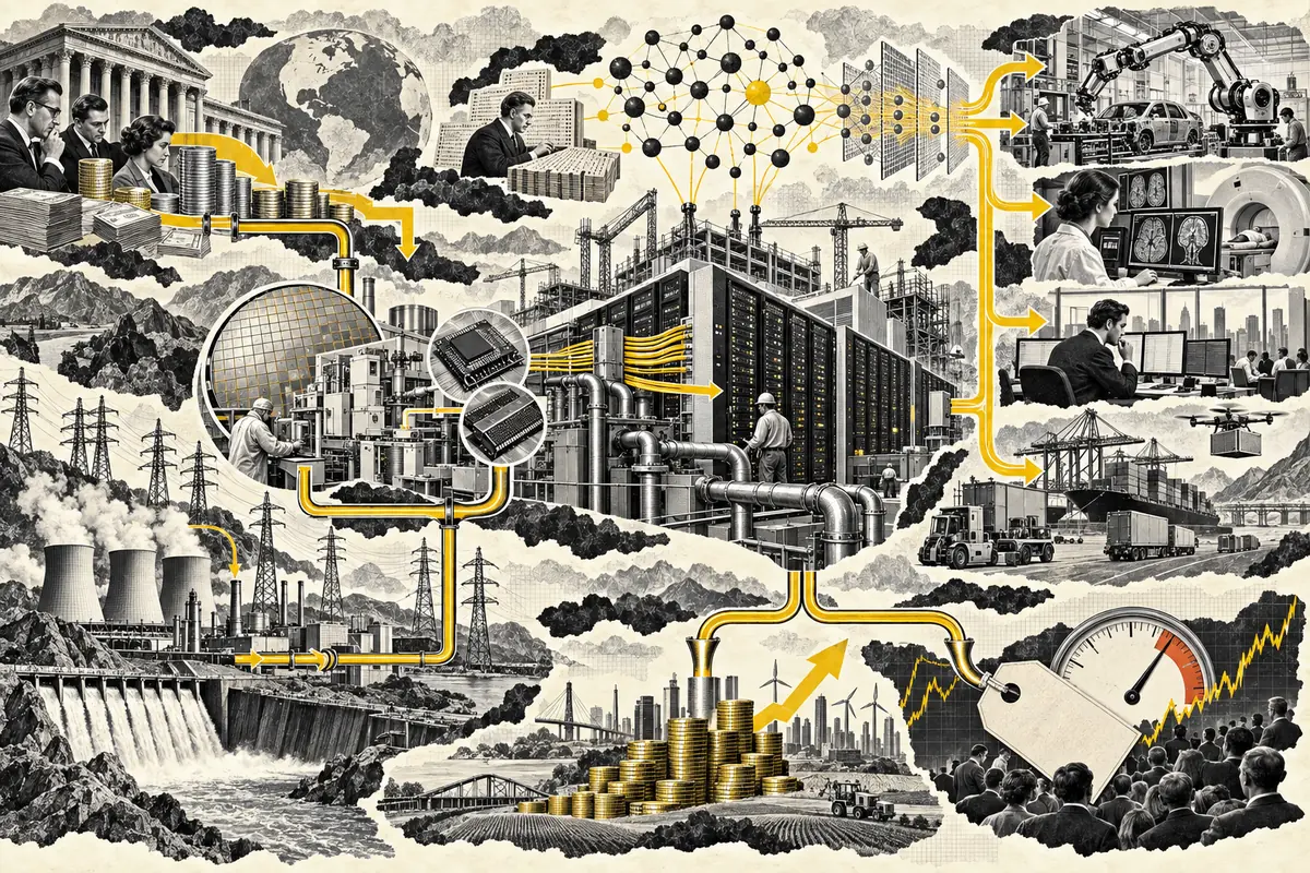 Cadena de valor de la inteligencia artificial con energía, semiconductores, centros de datos, modelos, aplicaciones y flujos de capital