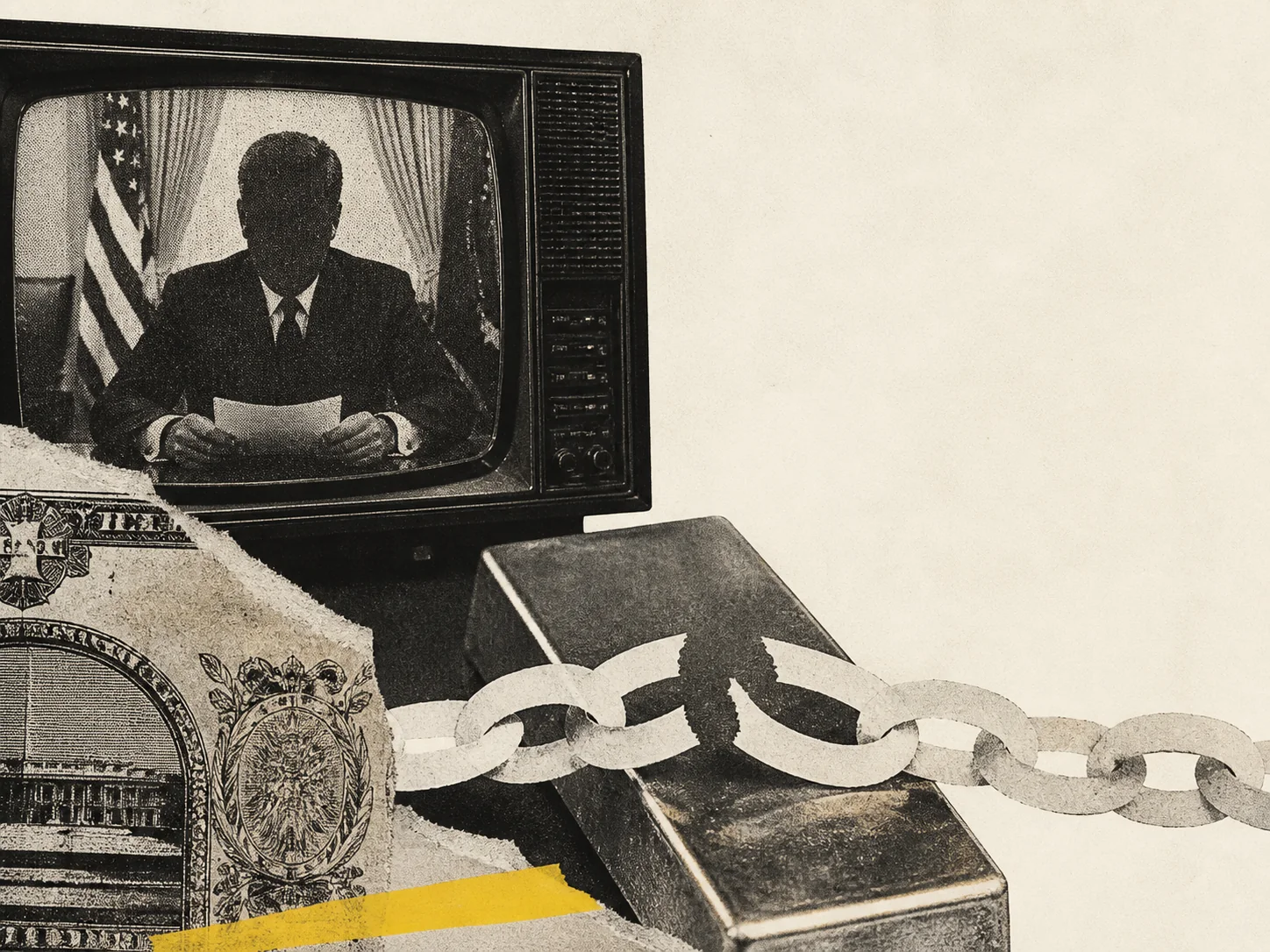 Collage histórico sobre el anuncio monetario estadounidense de 1971.
