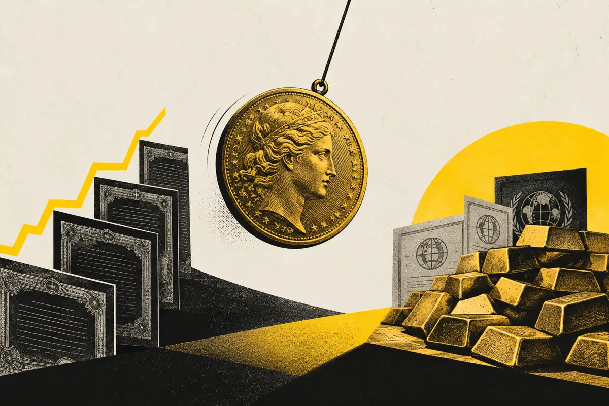 Moneda de oro suspendida entre una subida de rendimientos y las reservas de lingotes, ilustración editorial.