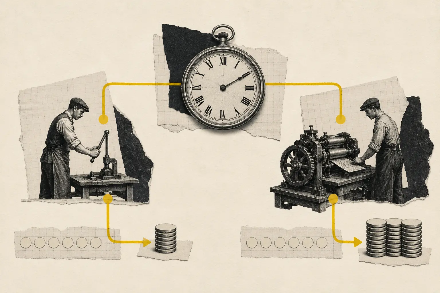 Collage editorial: dos trabajadores disponen del mismo tiempo y los mismos recursos, pero una mejor máquina permite producir tres veces más.