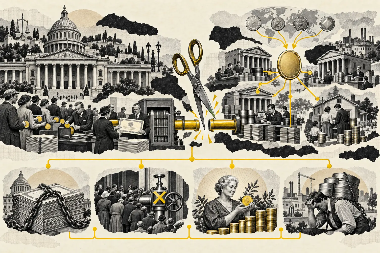 Collage editorial sobre dinero, Estado e infraestructura monetaria